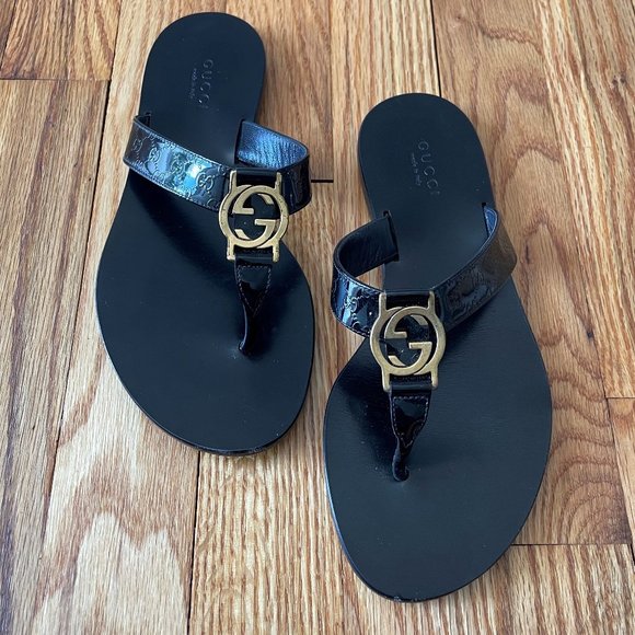 Gucci Black Vernice Crystal Thong Sandal Size 34.5 - Picture 2 of 11